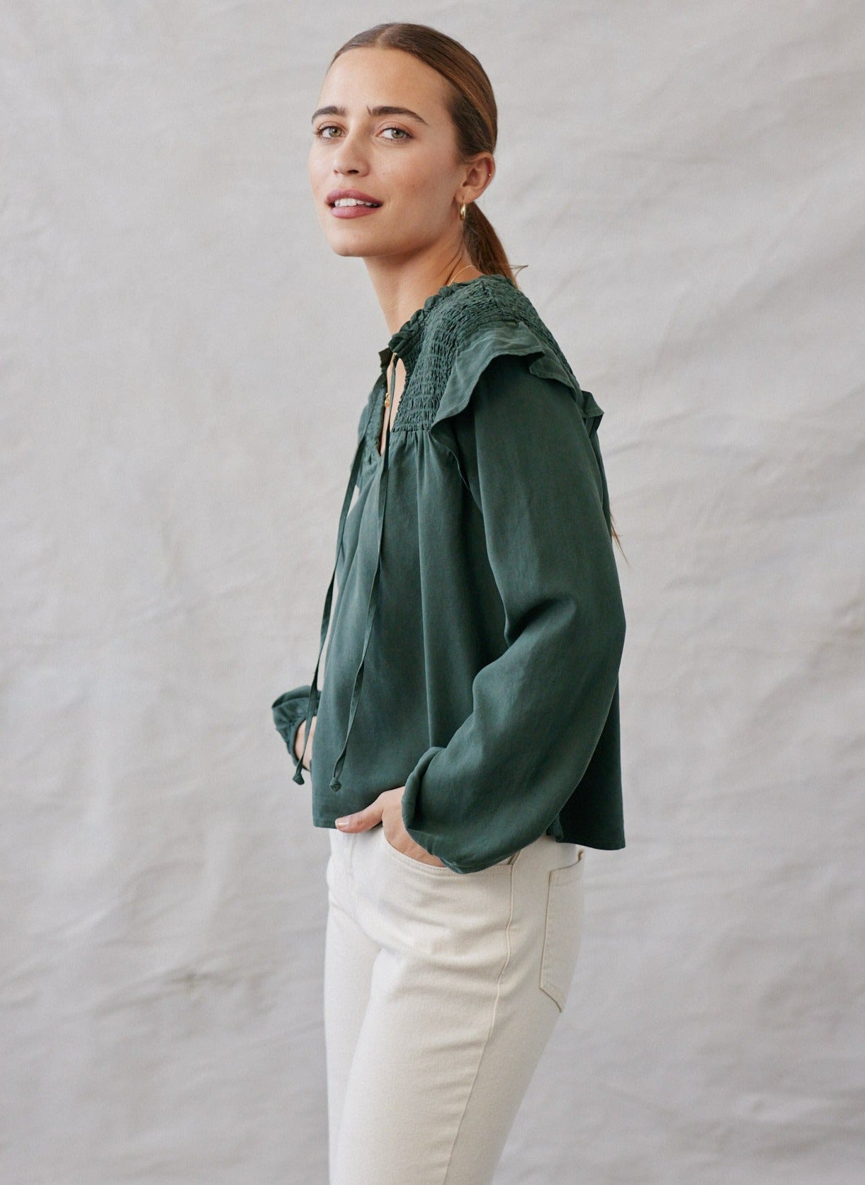 Gia Smocked Ruffle Pullover | Dark Forest