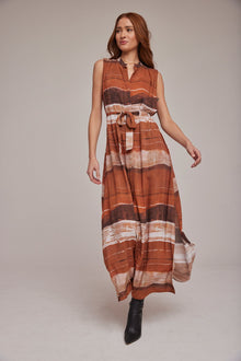 Sleeveless Pleat Front Maxi Dress | Rust Stripes Print