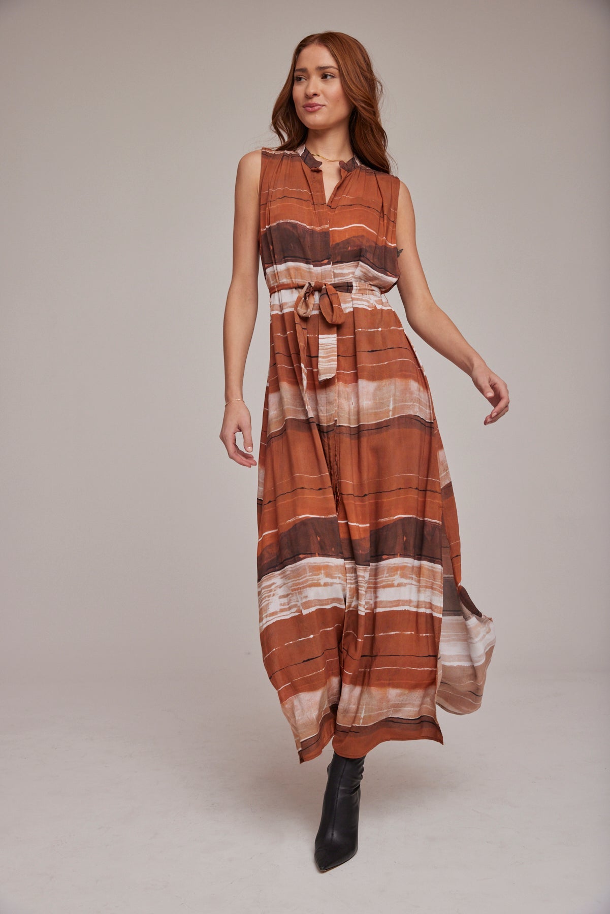 Sleeveless Pleat Front Maxi Dress | Rust Stripes Print