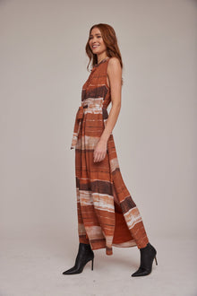 Sleeveless Pleat Front Maxi Dress | Rust Stripes Print