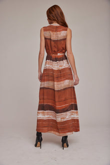 Sleeveless Pleat Front Maxi Dress | Rust Stripes Print