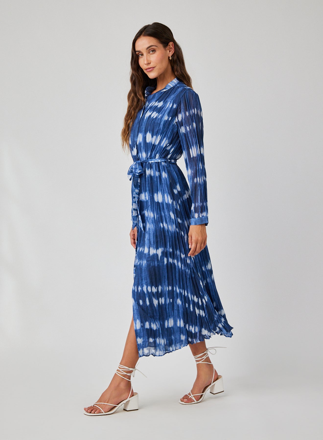 Long Sleeve Pleated Maxi Shirt Dress | Ocean Tides Print
