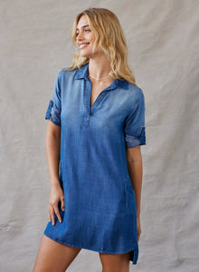 A-Line Rolled Tab Sleeve Dress | Dark Ombre Wash