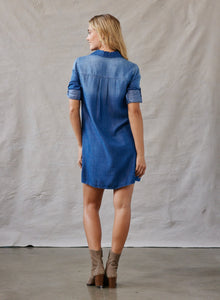 A-Line Rolled Tab Sleeve Dress | Dark Ombre Wash