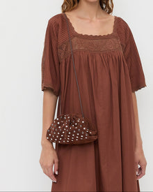 Bailey Espresso/Silver Dome Clutch and Althea Dress in chestnut brown cotton.