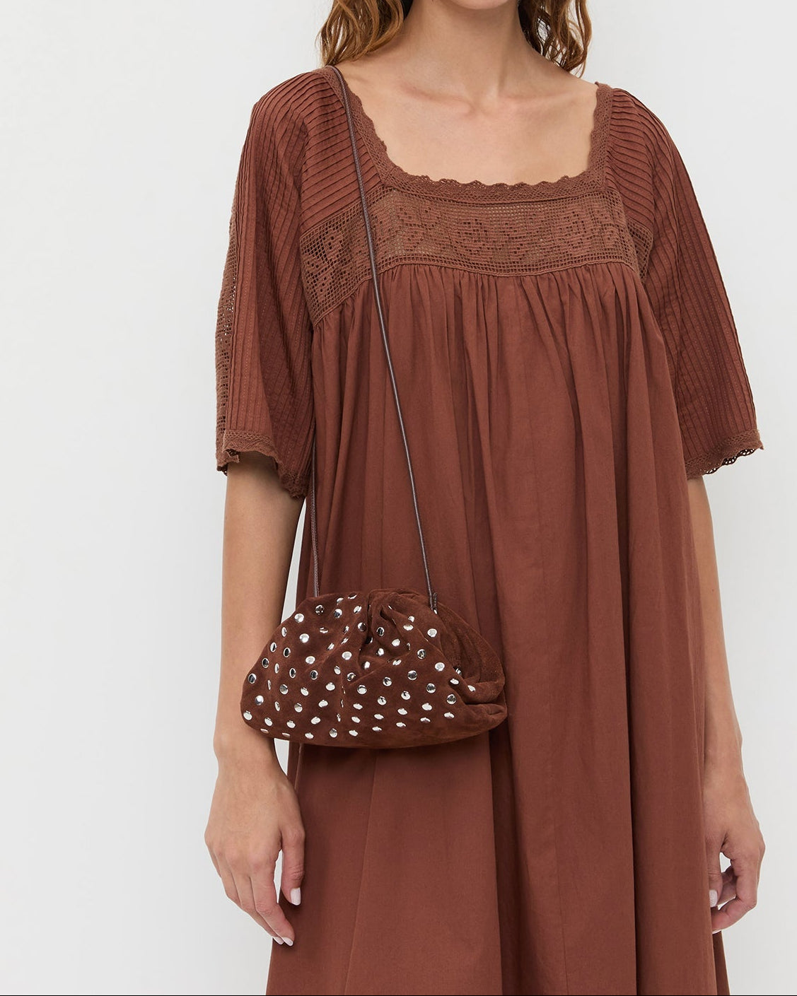 Bailey Espresso/Silver Dome Clutch and Althea Dress in chestnut brown cotton.