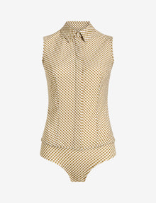 Classic Printed Sleeveless Button Down Bodysuit::Cactus Gingham::Main
