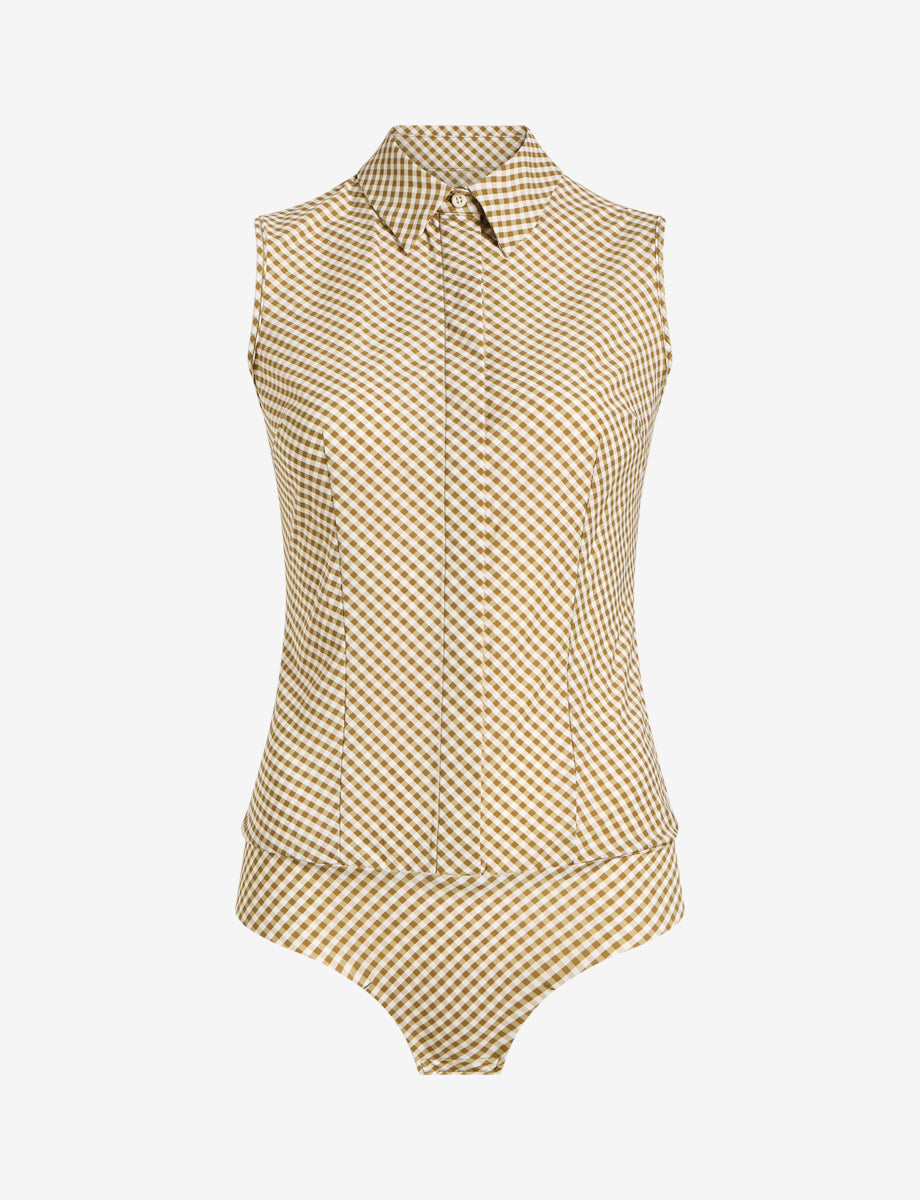 Classic Printed Sleeveless Button Down Bodysuit::Cactus Gingham::Main