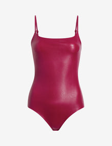 Faux Leather Cami Bodysuit::Raspberry::Main