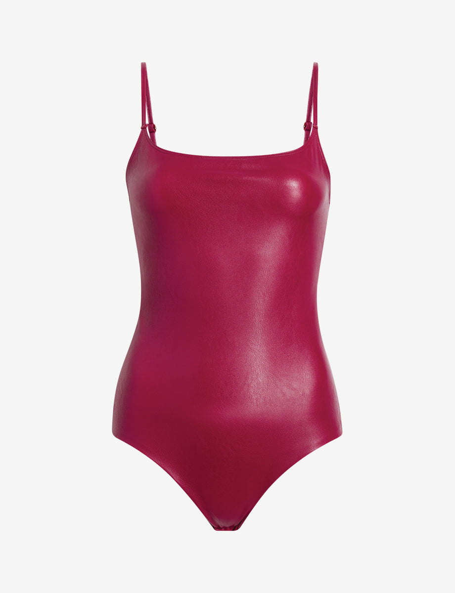 Faux Leather Cami Bodysuit::Raspberry::Main