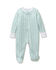 The Baby's Pima Romper PP x Bobbie features a mint green and white gingham pattern, long sleeves, white cuffs and collar, a diagonal neck-to-ankle zipper, and a small button at the neckline.