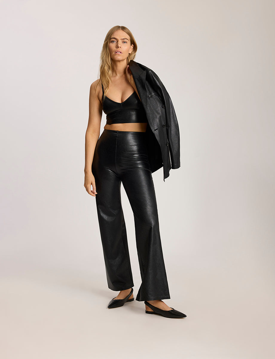 Faux Leather Longline Bralette::Black::