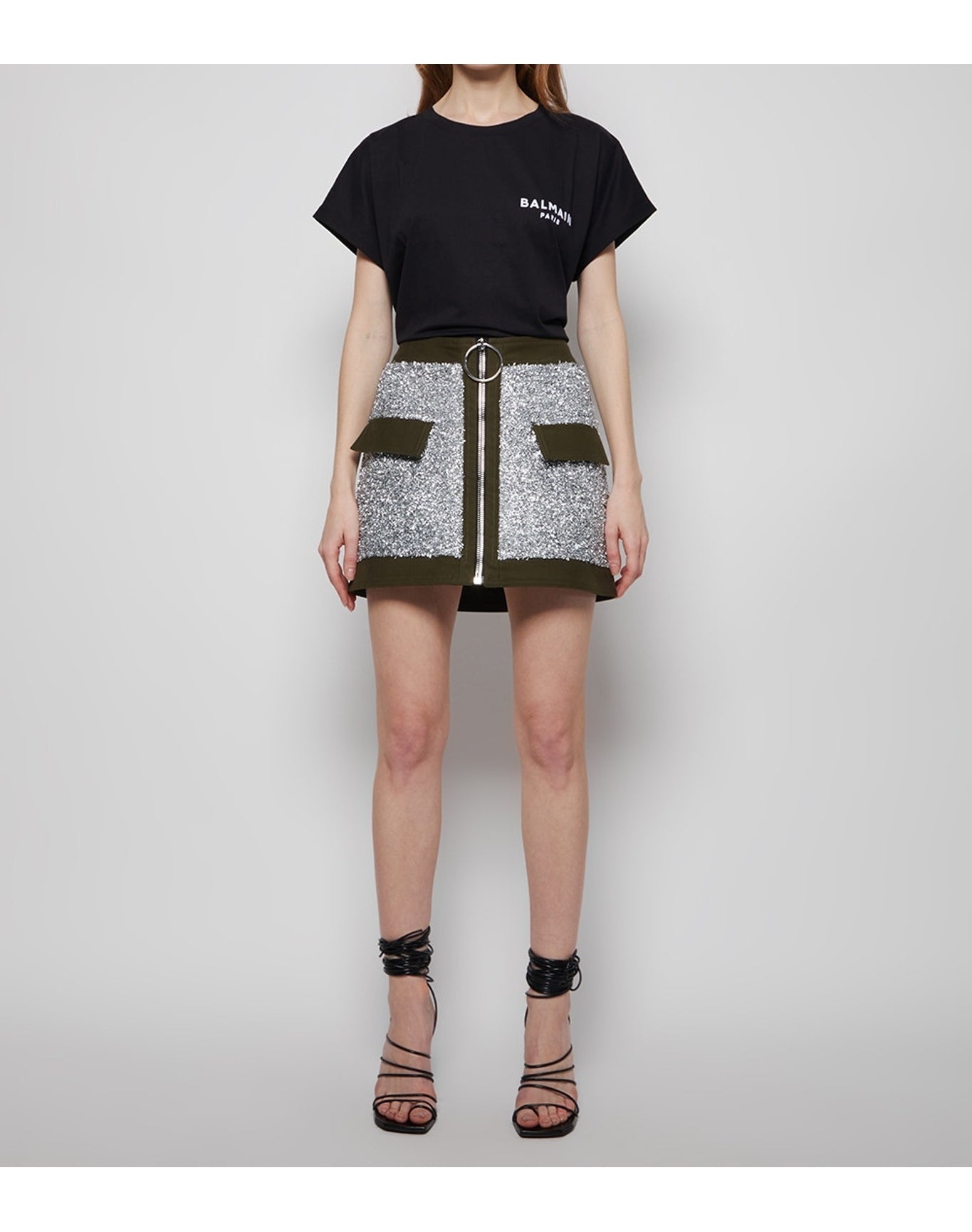 Balmain | Women | Low-rise Tweed Canvas Mini Skirt | Silver x Black