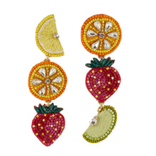 Fruit Beaded and Embroidered Drop Earrings on Flat White Background