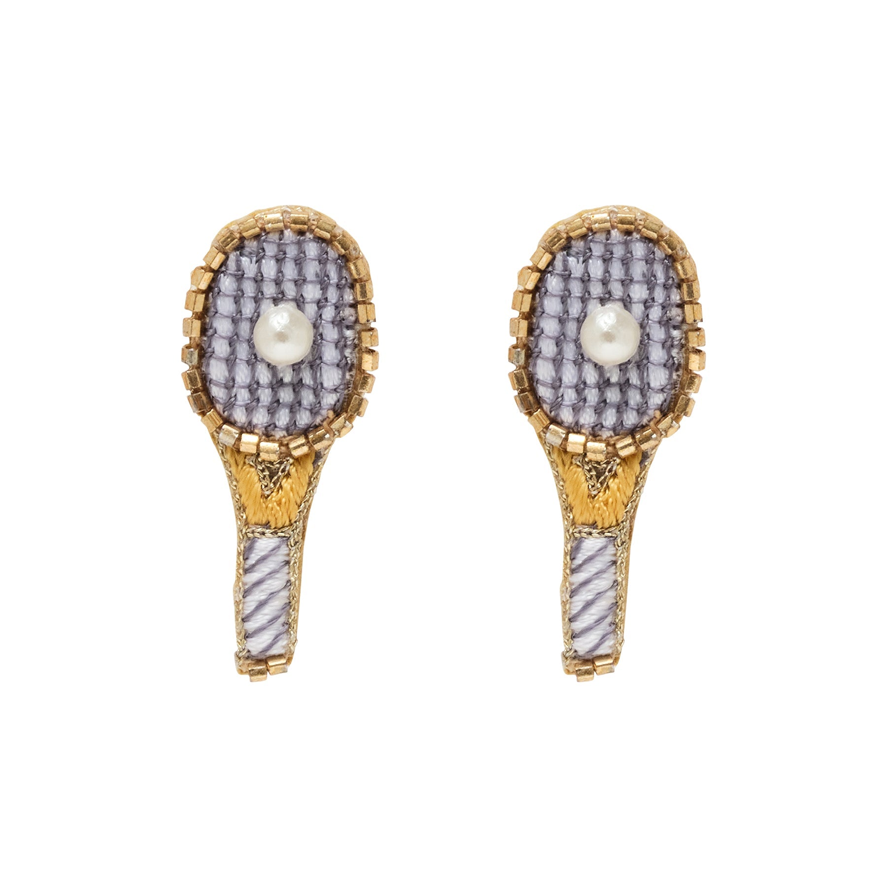 Beaded and Embroidered Tennis Racket Stud Earrings on Flat White Background