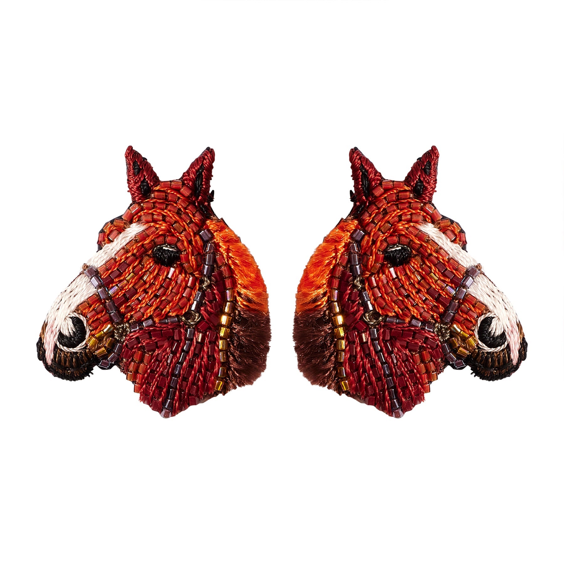 Brown and White Horse Stud Earrings On White Background