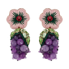 Pink Flower Drop Grape Earrings on Flat White Background