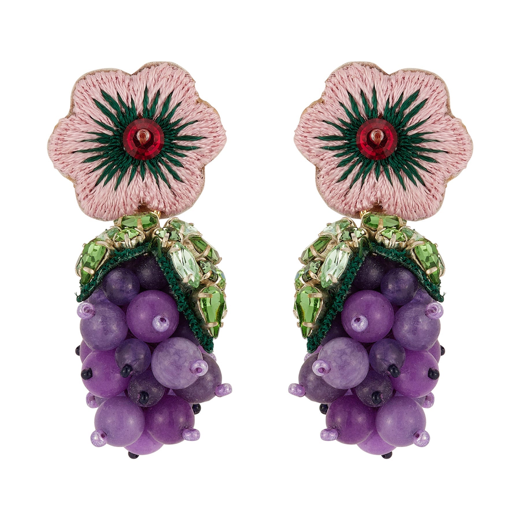 Pink Flower Drop Grape Earrings on Flat White Background