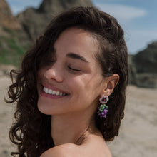 Pink Flower Drop Grape Earrings Styled on Model
