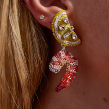 Beaded Lemon and Shrimp Drop Earrings Styled on Model's Ear