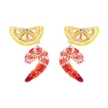 Beaded Lemon and Shrimp Drop Earrings Styled on White Background