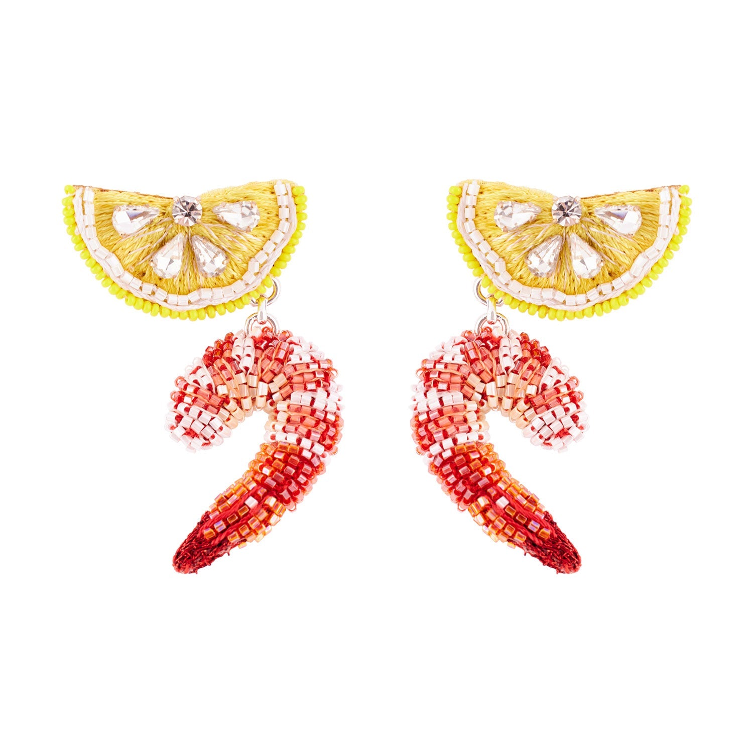 Beaded Lemon and Shrimp Drop Earrings Styled on White Background