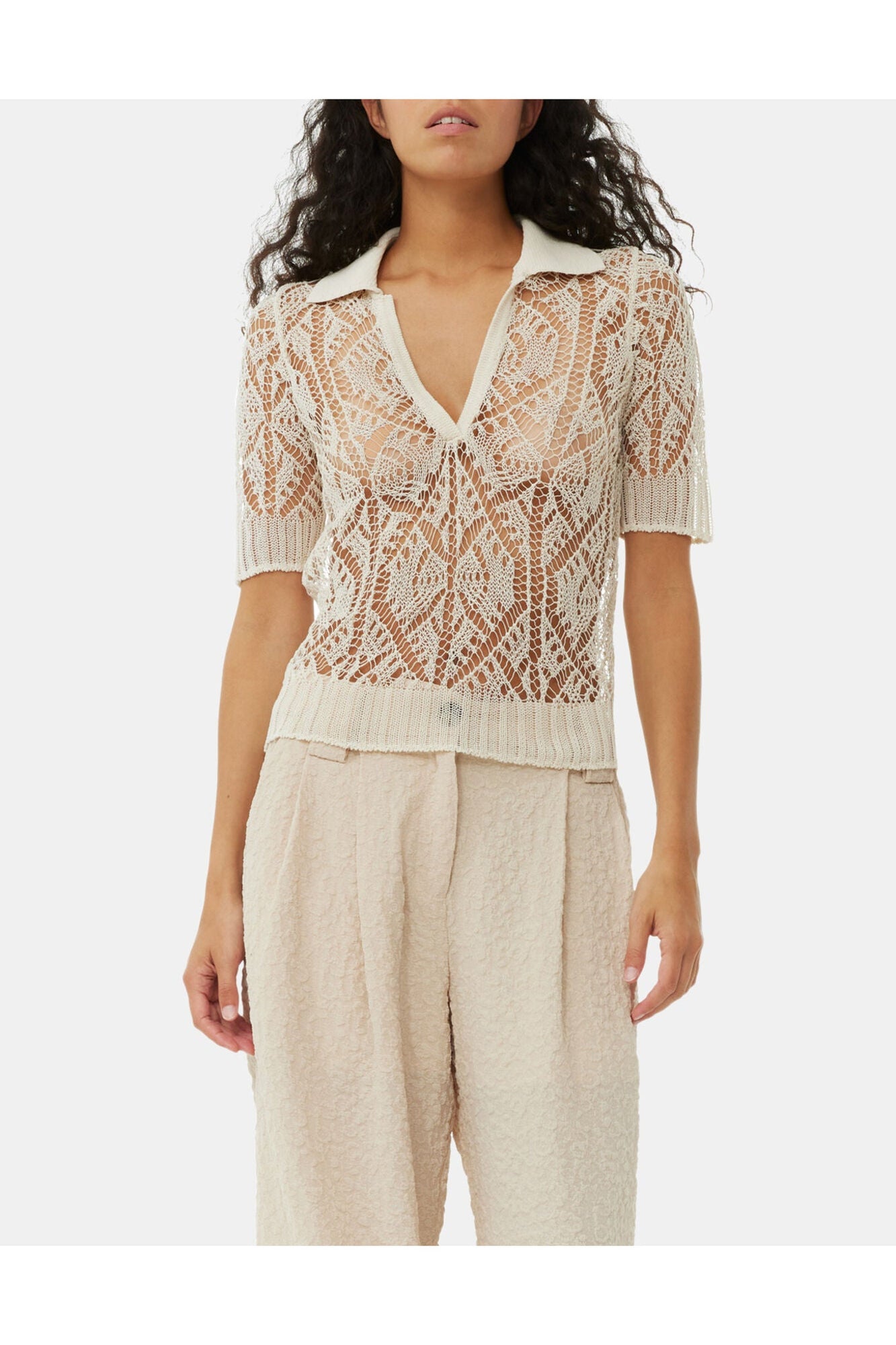 Beige Textured Suiting Mid Waist Trousers | Oyster Gray