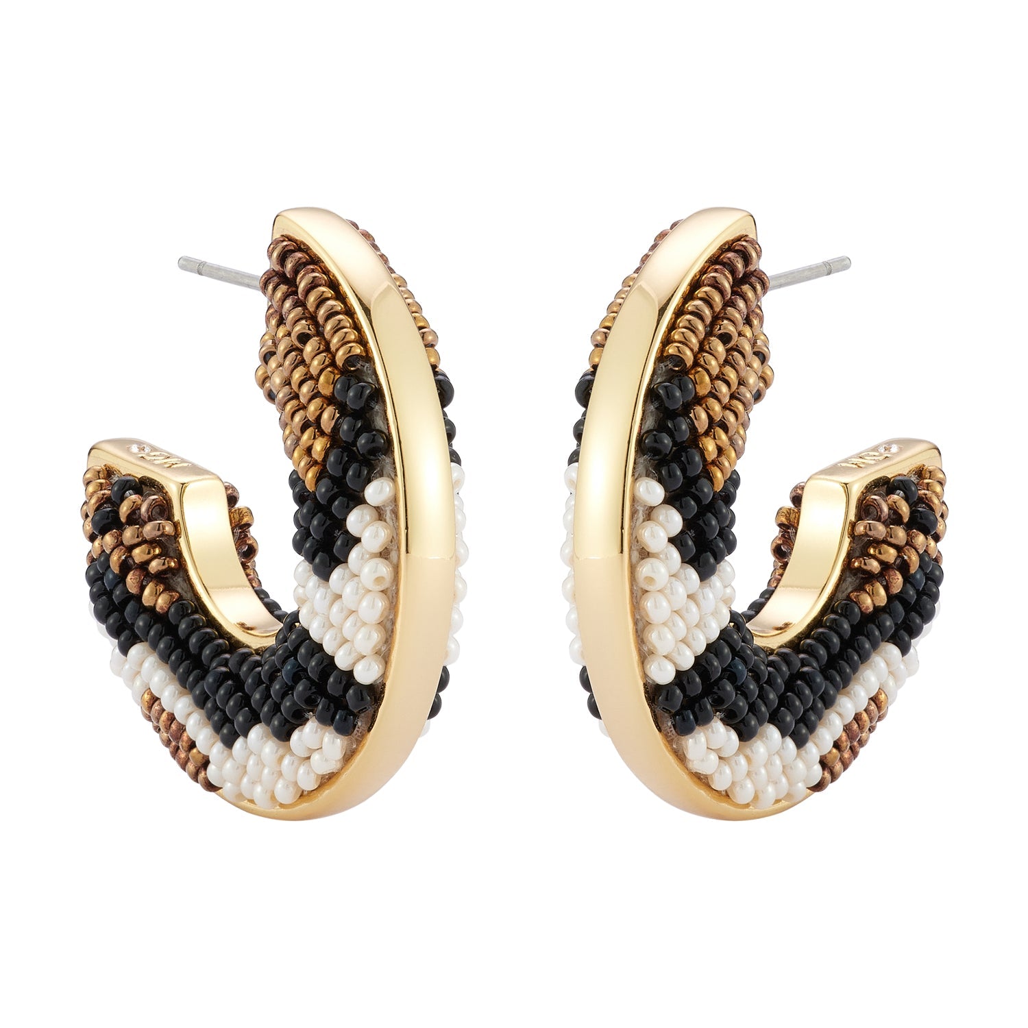 Black, Cream, and Bronze Beaded Aztec Hoop Earrings on Flat White Background