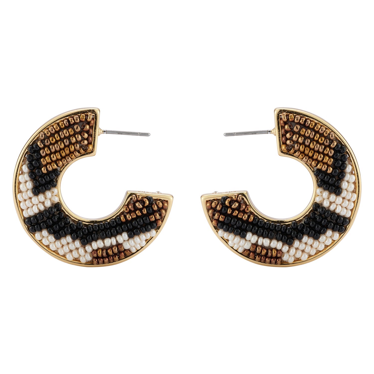 Black, Cream, and Bronze Beaded Aztec Hoop Earrings on Flat White Background