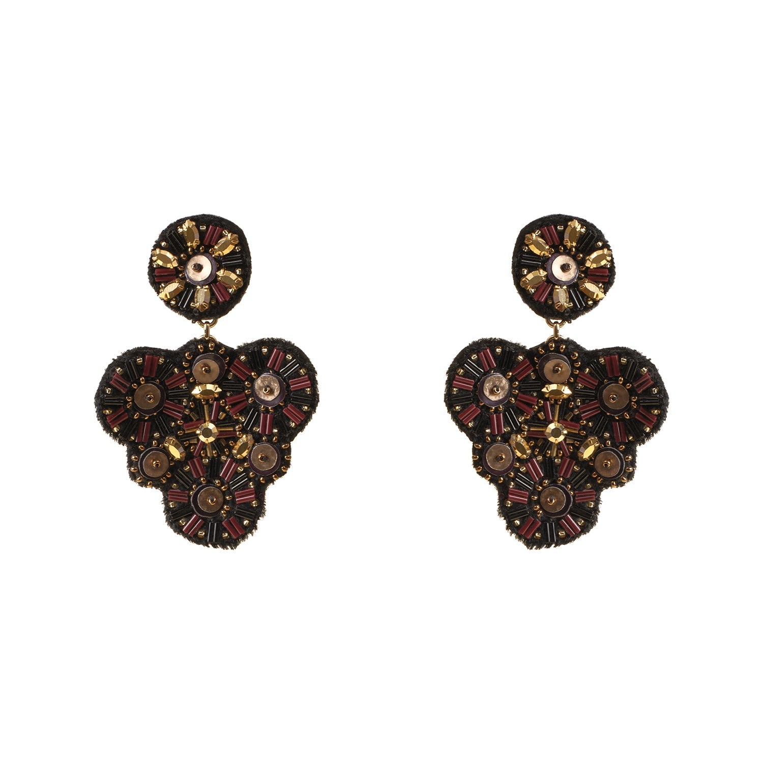 Black and Gold Beaded Double Drop Earrings on Flat White Background