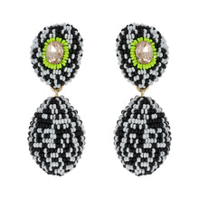 Black, White, and Green Beaded Double Drop Earrings with Crystal Accent on Flat White Background