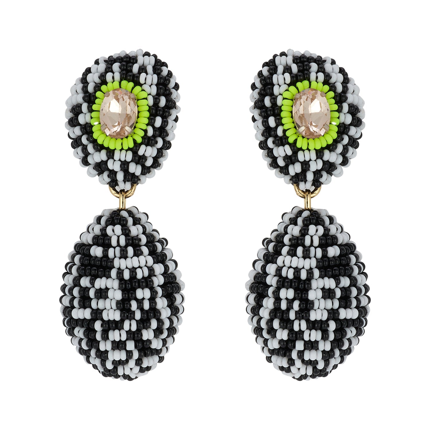 Black, White, and Green Beaded Double Drop Earrings with Crystal Accent on Flat White Background