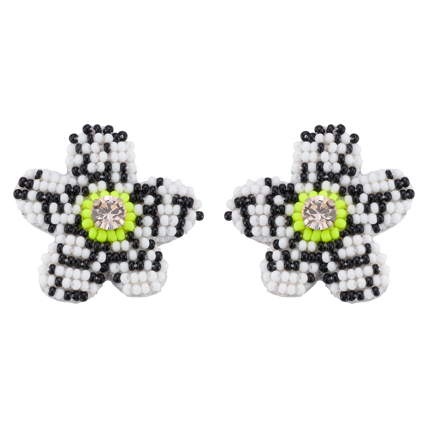 Black, White, and Green Beaded Flower Stud Earrings with Crystal Center on Flat White Background