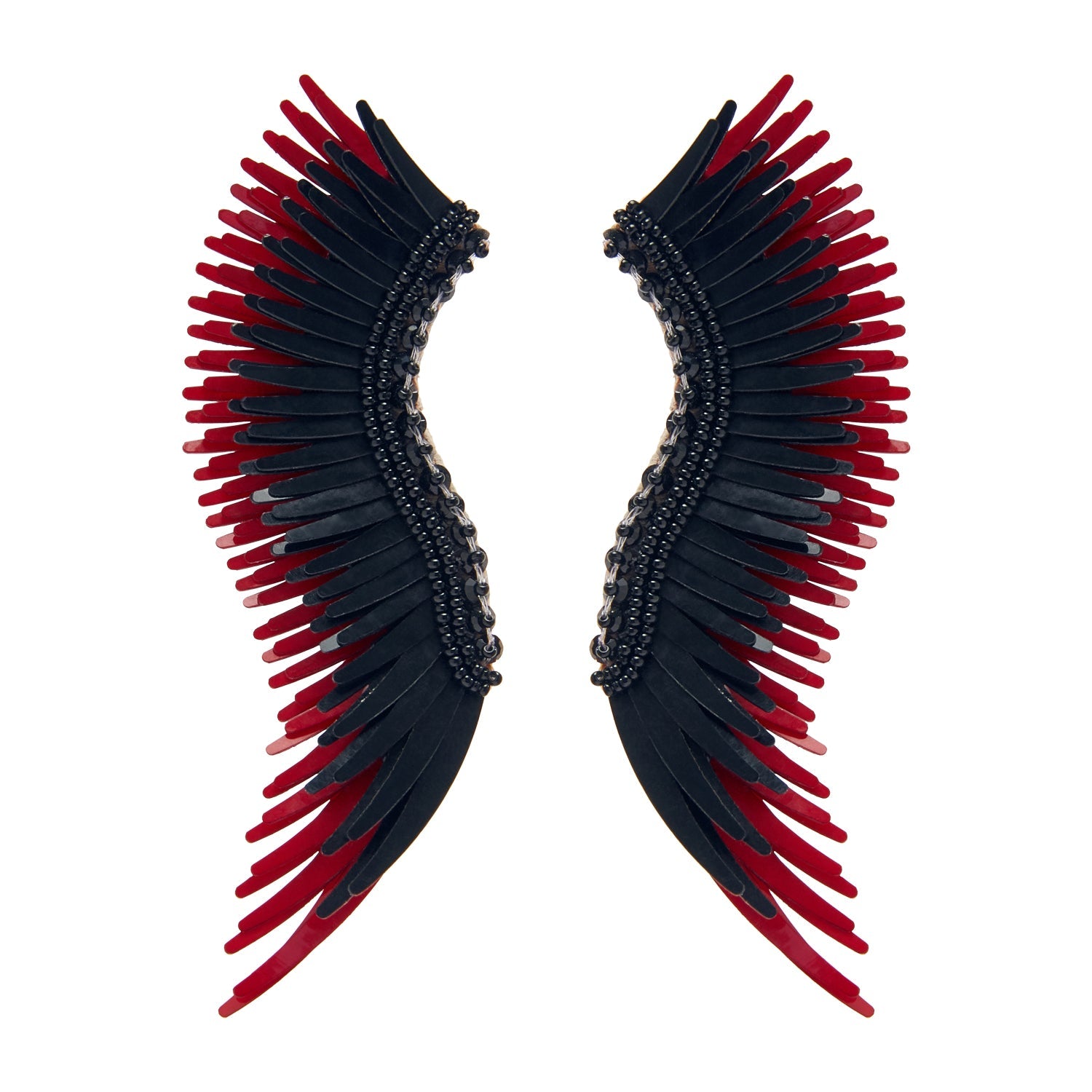 Black and Crimson Sequin and Bead Wing Stud Earrings on Flat White Background