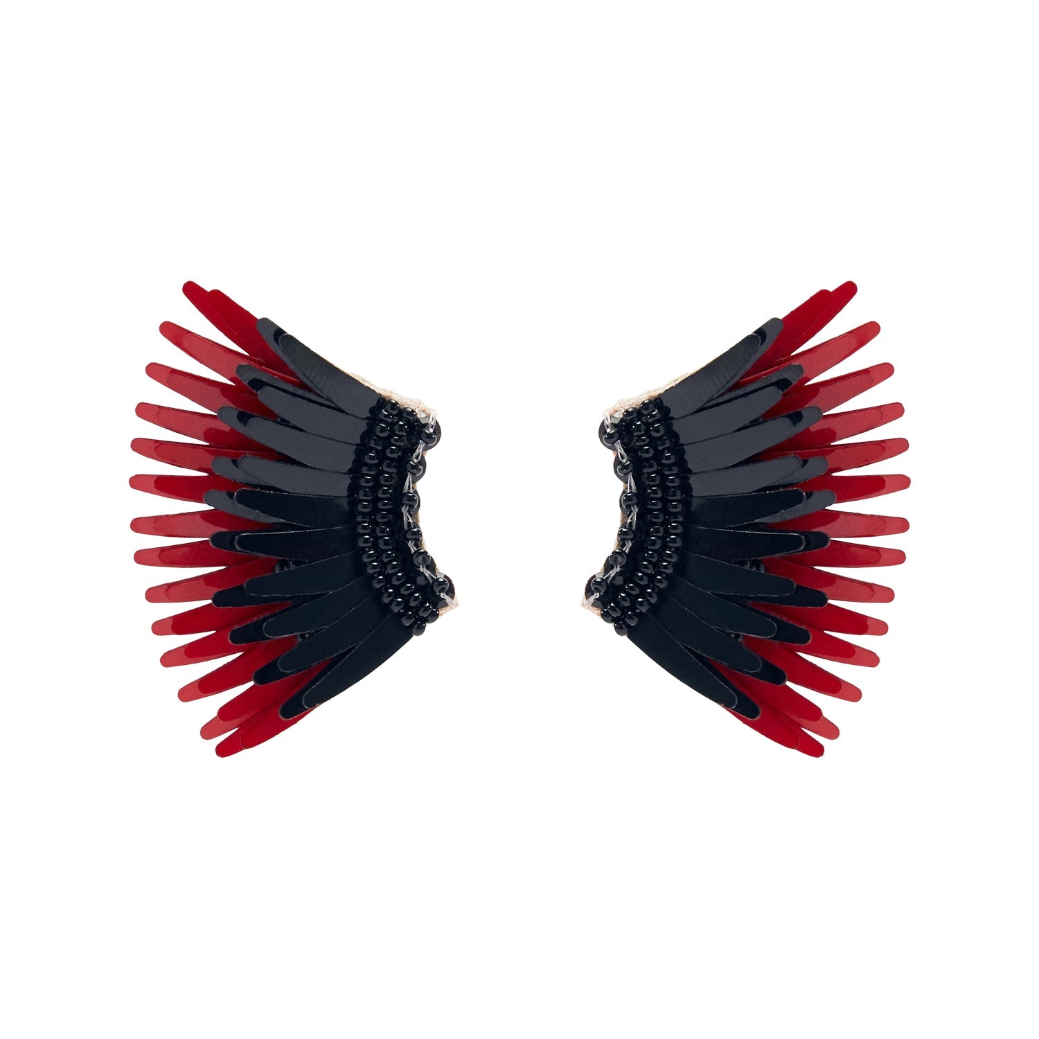 Crimson and Black Sequin and Bead Wing Stud Earrings on Flat White Background