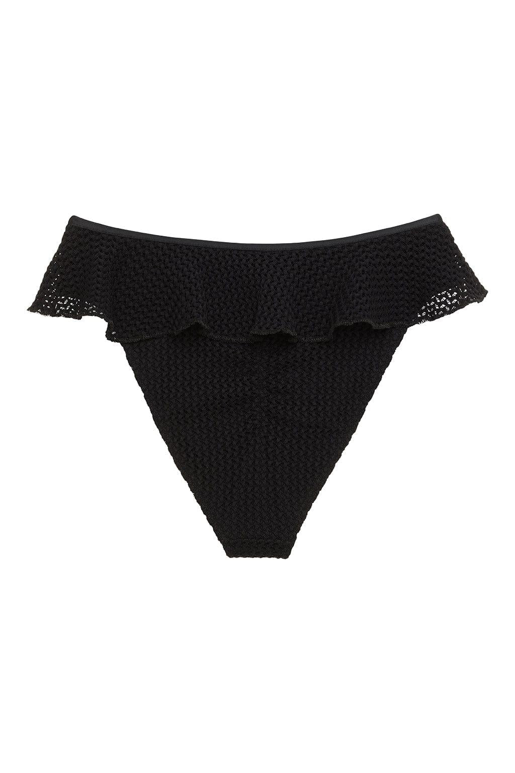 Black crochet bikini bottom with ruffled off-shoulder neckline and openwork detailing.