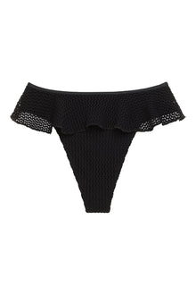 Black crochet bikini bottom with ruffled off-shoulder neckline and open-knit side panels.