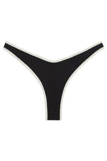 Black thong bikini bottom with cream-colored ribbed binding along the edges.