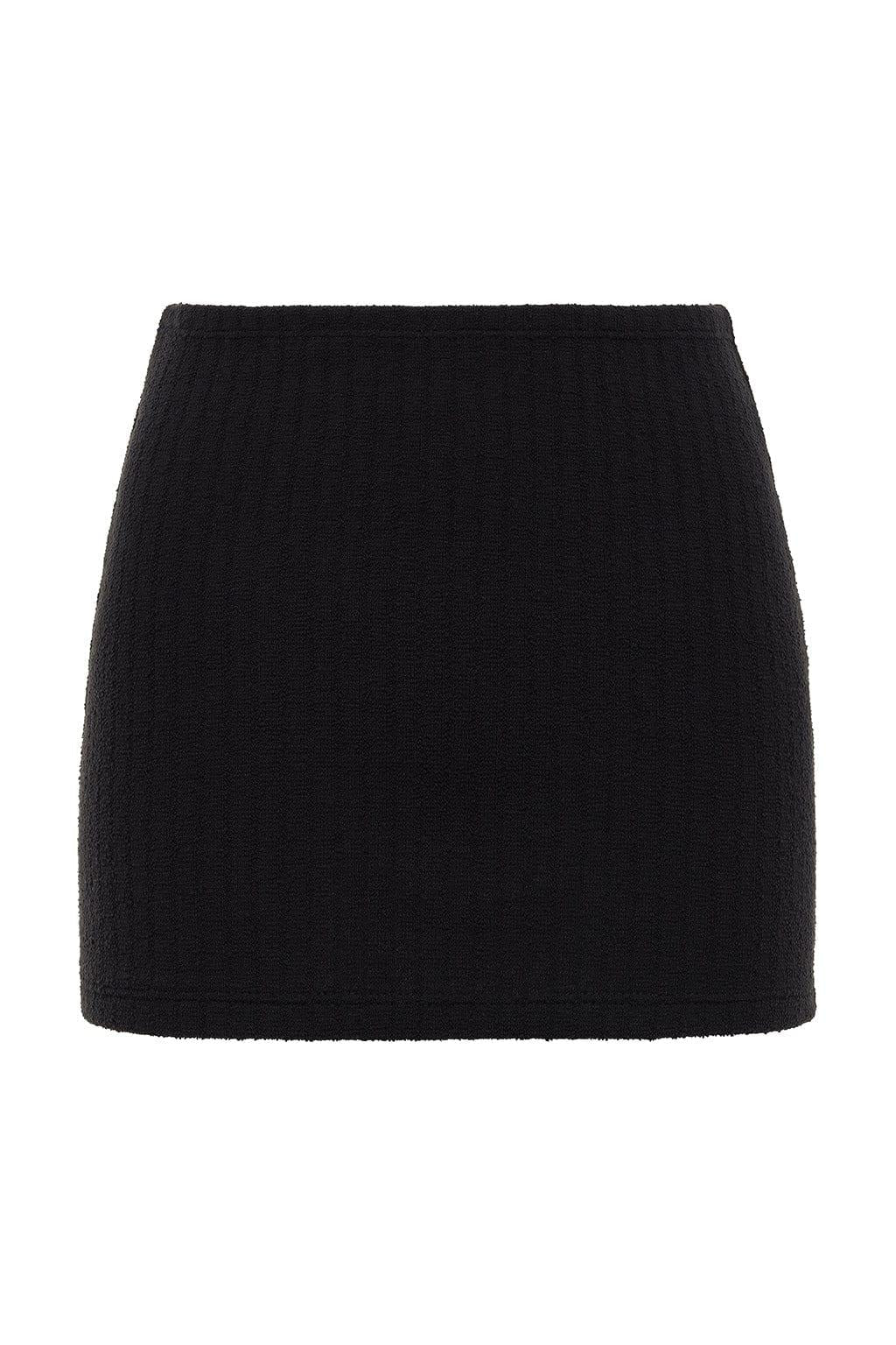 Black textured terry rib mini skirt with a straight silhouette and elasticated waistband.