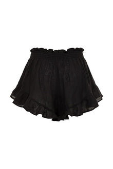 Black short with smocked waistband and ruffled off-shoulder neckline in textured fabric.