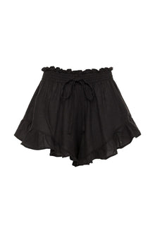 Black shorts with smocked waistband, drawstring tie, and ruffled off-shoulder neckline.