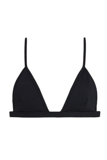 Black ribbed triangle bikini top with thin shoulder straps and horizontal textured fabric.