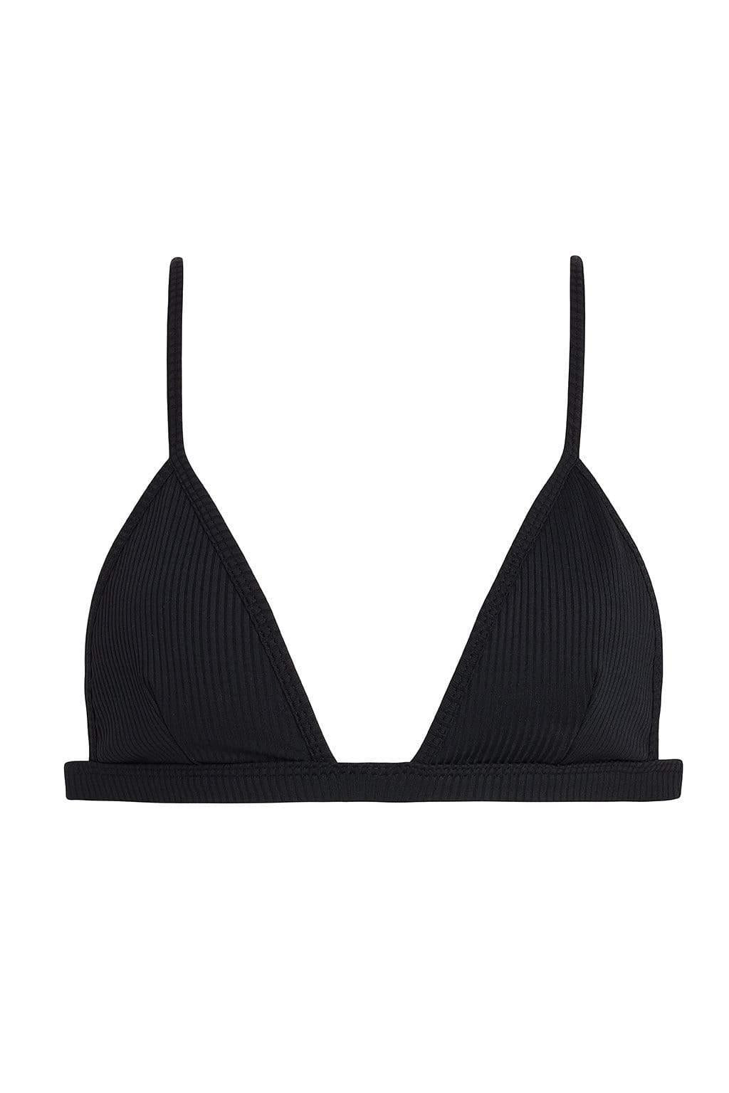 Black ribbed triangle bikini top with thin shoulder straps and horizontal textured fabric.