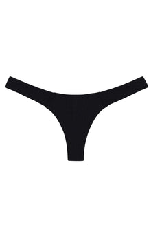 Black ribbed bikini bottom with wide side straps and thong cut.