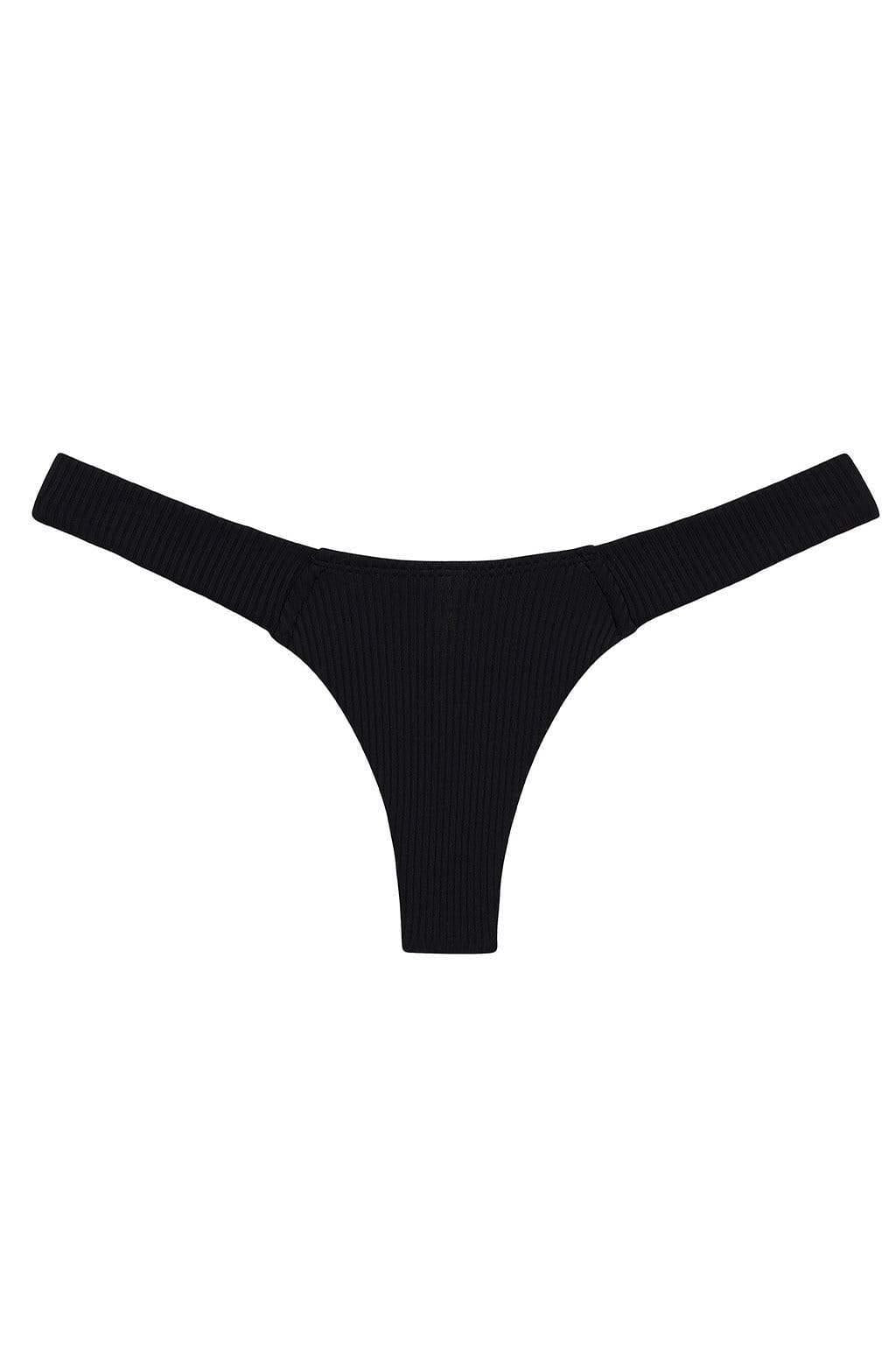 Black ribbed bikini bottom with wide side straps and thong cut.
