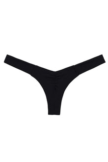 Black ribbed bikini bottom with wide side straps and thong cut.
