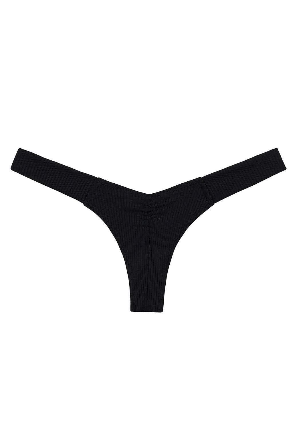 Black ribbed bikini bottom with wide side straps and thong cut.