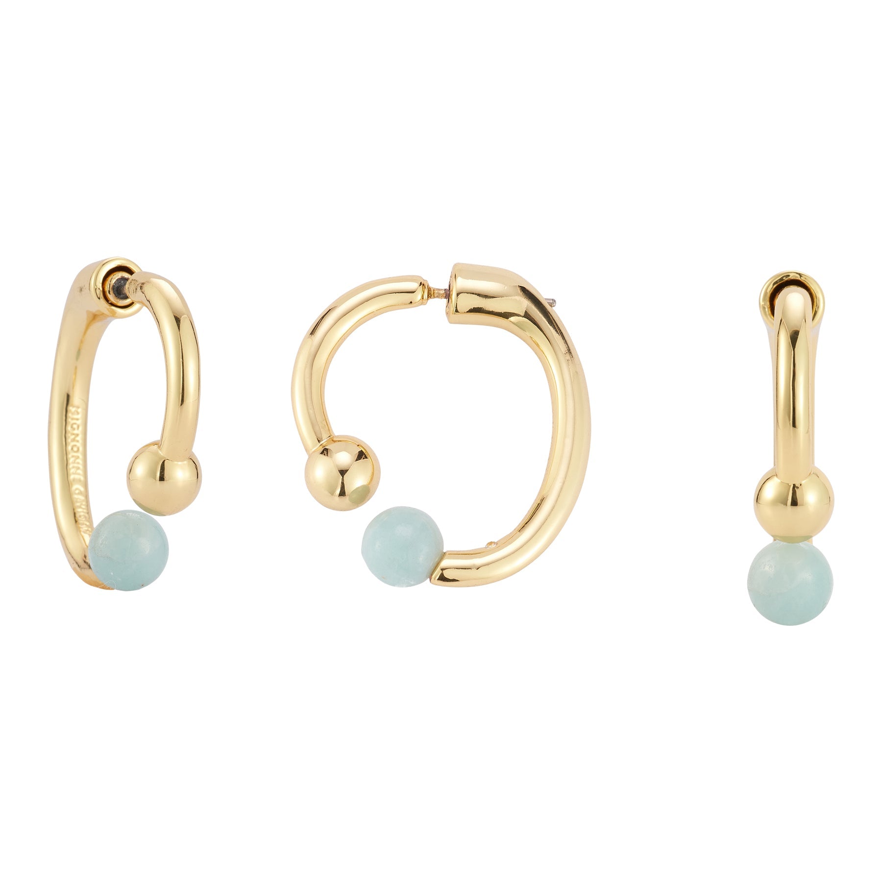 Blue Semi-Precious Stone and Gold Hoop Earrings on Flat White Background