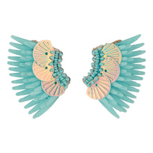 Turquoise and Iridescent Sequin Wing Earrings on Flat White Background