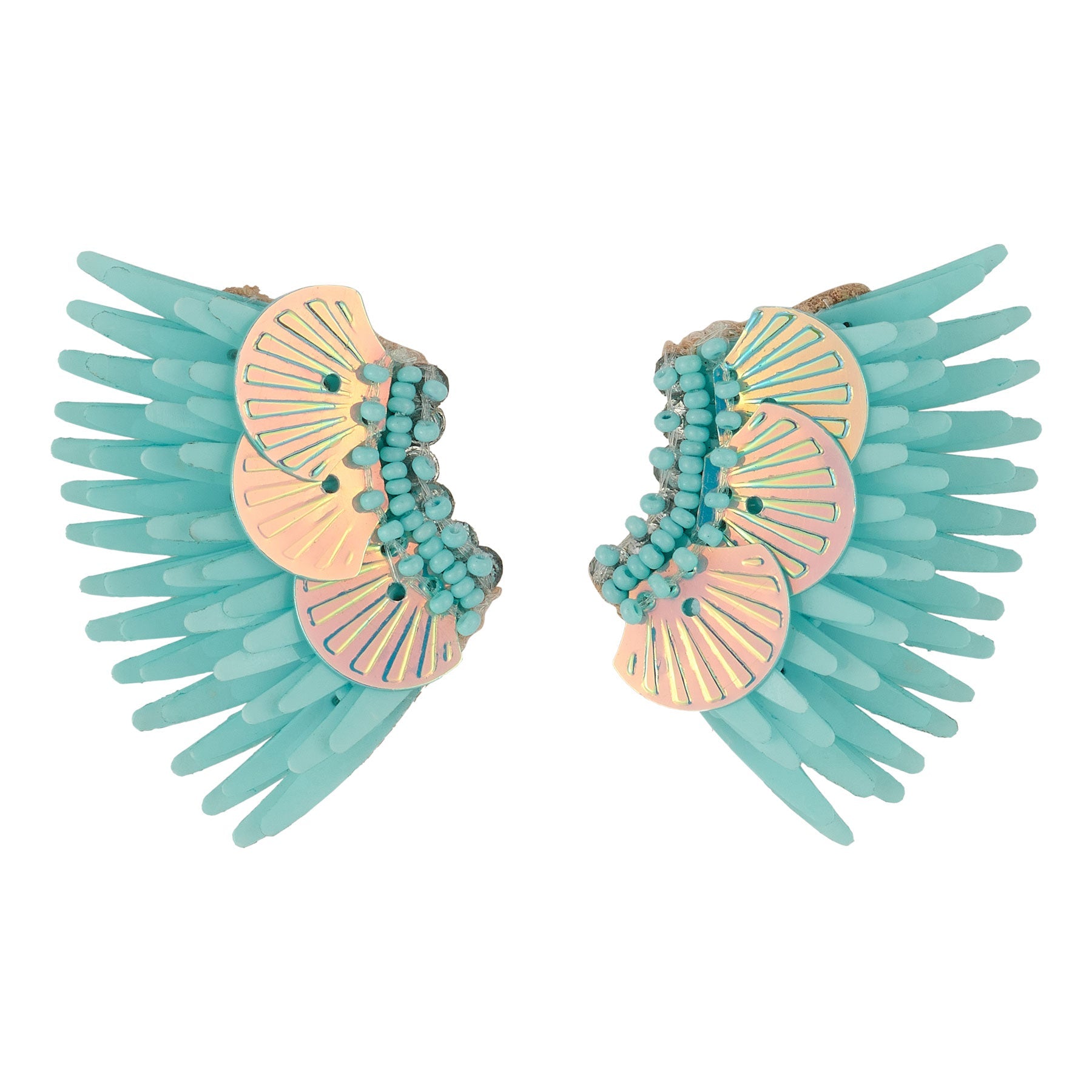 Turquoise and Iridescent Sequin Wing Earrings on Flat White Background